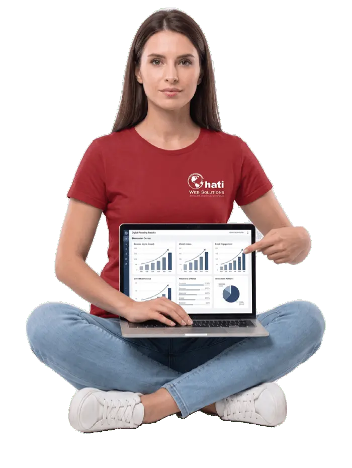 Ghati Web Solutions team member presenting a client growth dashboard on a laptop