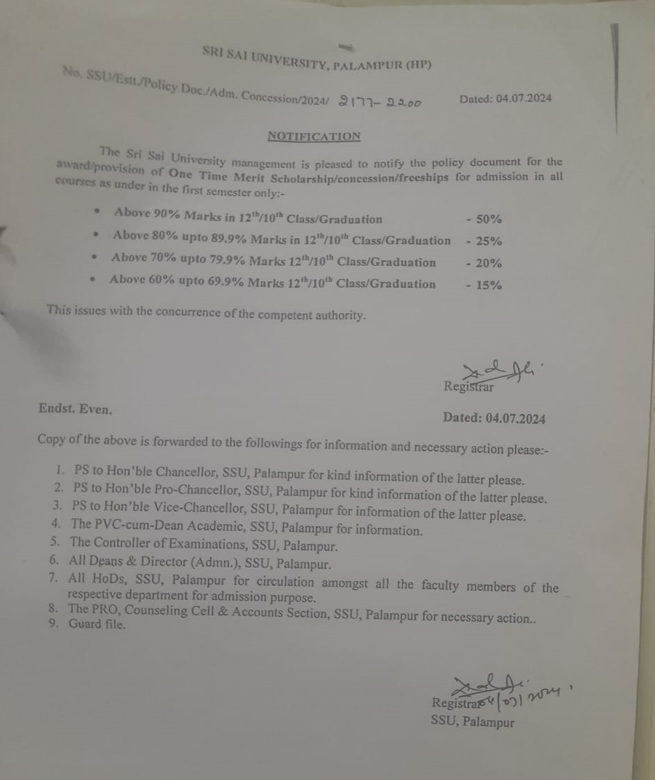 SSU Official Merit Scholarship and Admission Concession Notification policy document for the first semester